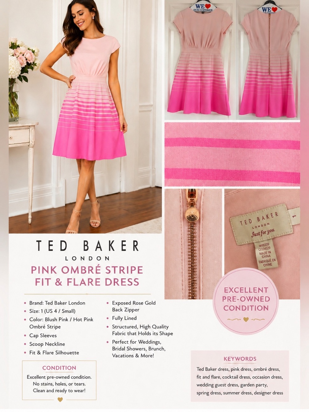 Ted Baker Blush to Hot Pink Ombre Fit & Flare Dress